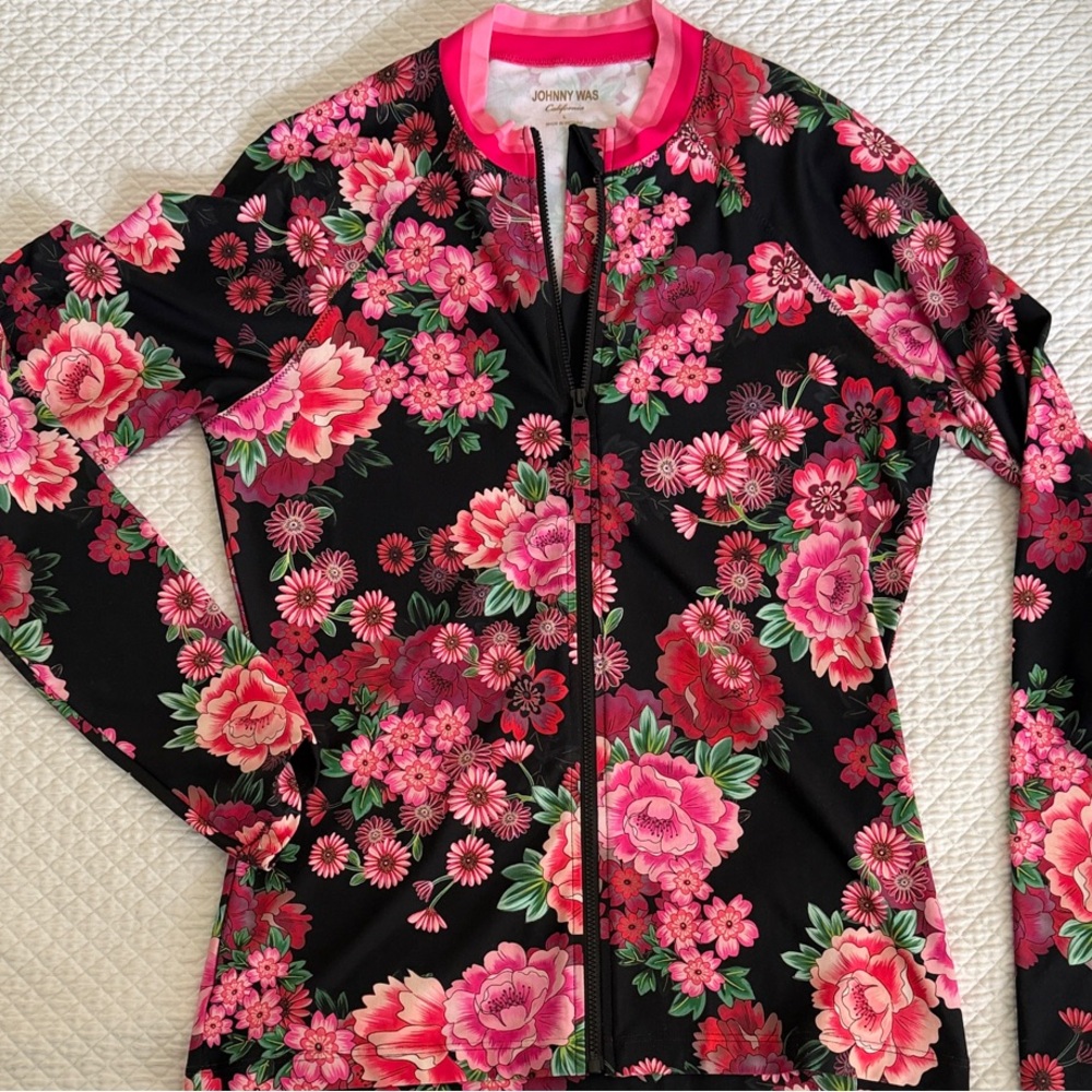 Johnny Was Floral Surfer Zip Up Shirt - Black and Pink